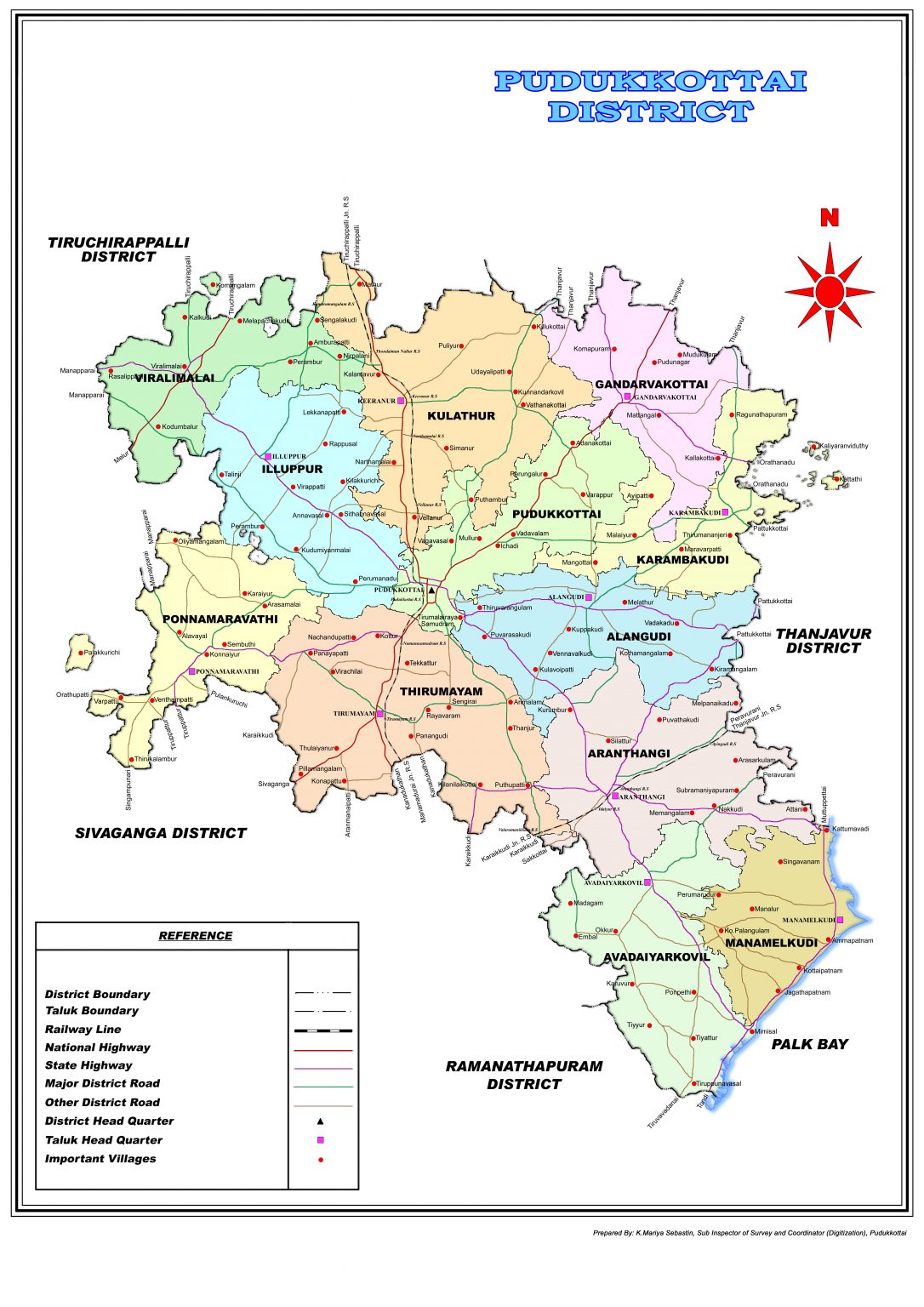 Pudukkottai District Map showing all 11 taluks, roads, railways, and villages